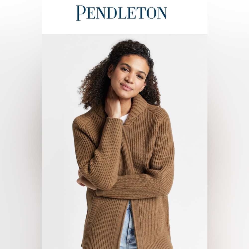 Pendleton Knit of thick, warm lambswool can double as a jacket with Two pockets